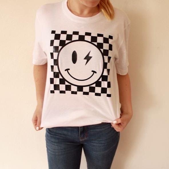 Retro Checkered Smiley Tshirt, Women's Tshirt, Vintage Smiley Face Shirt, Gifts for Girls