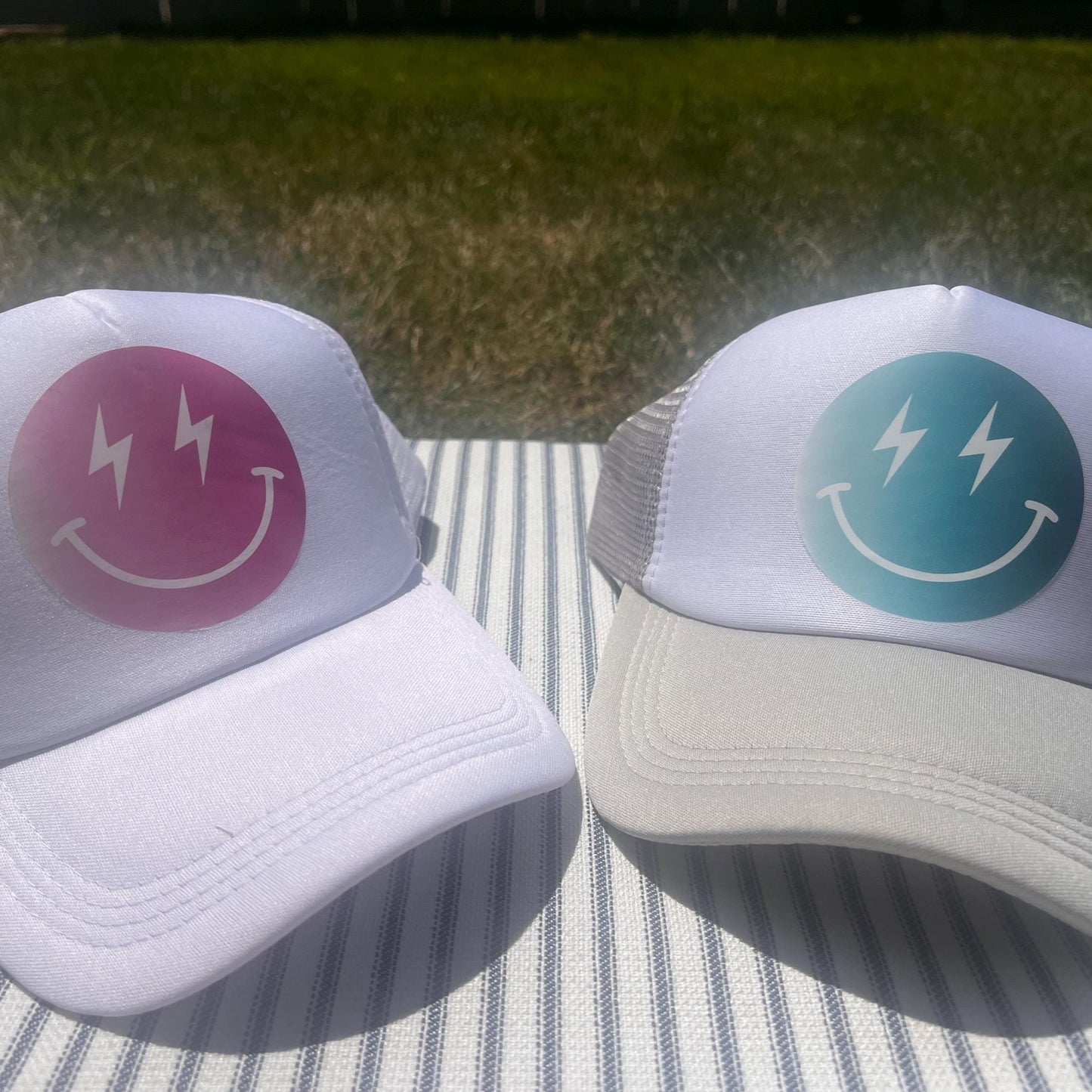 Blue Ombre Smiley Face Custom Trucker Hat