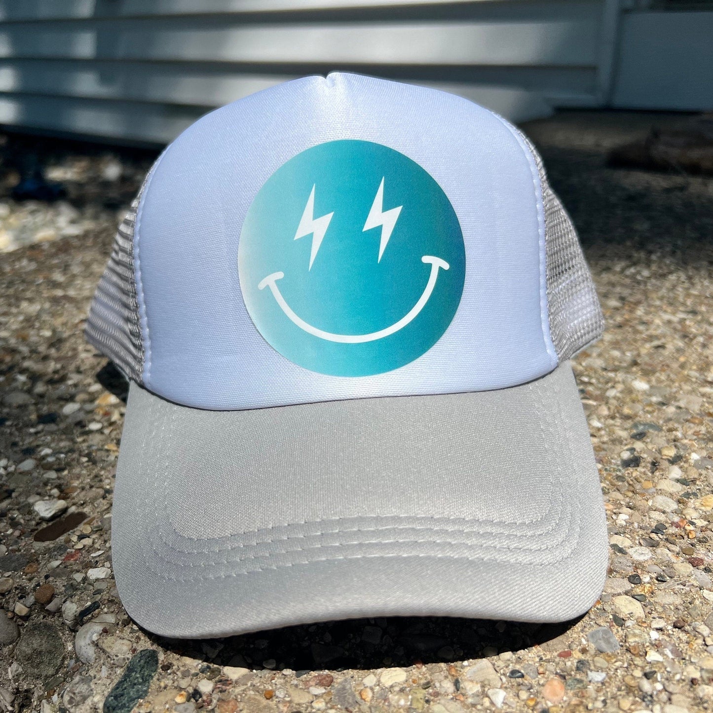 Blue Ombre Smiley Face Custom Trucker Hat